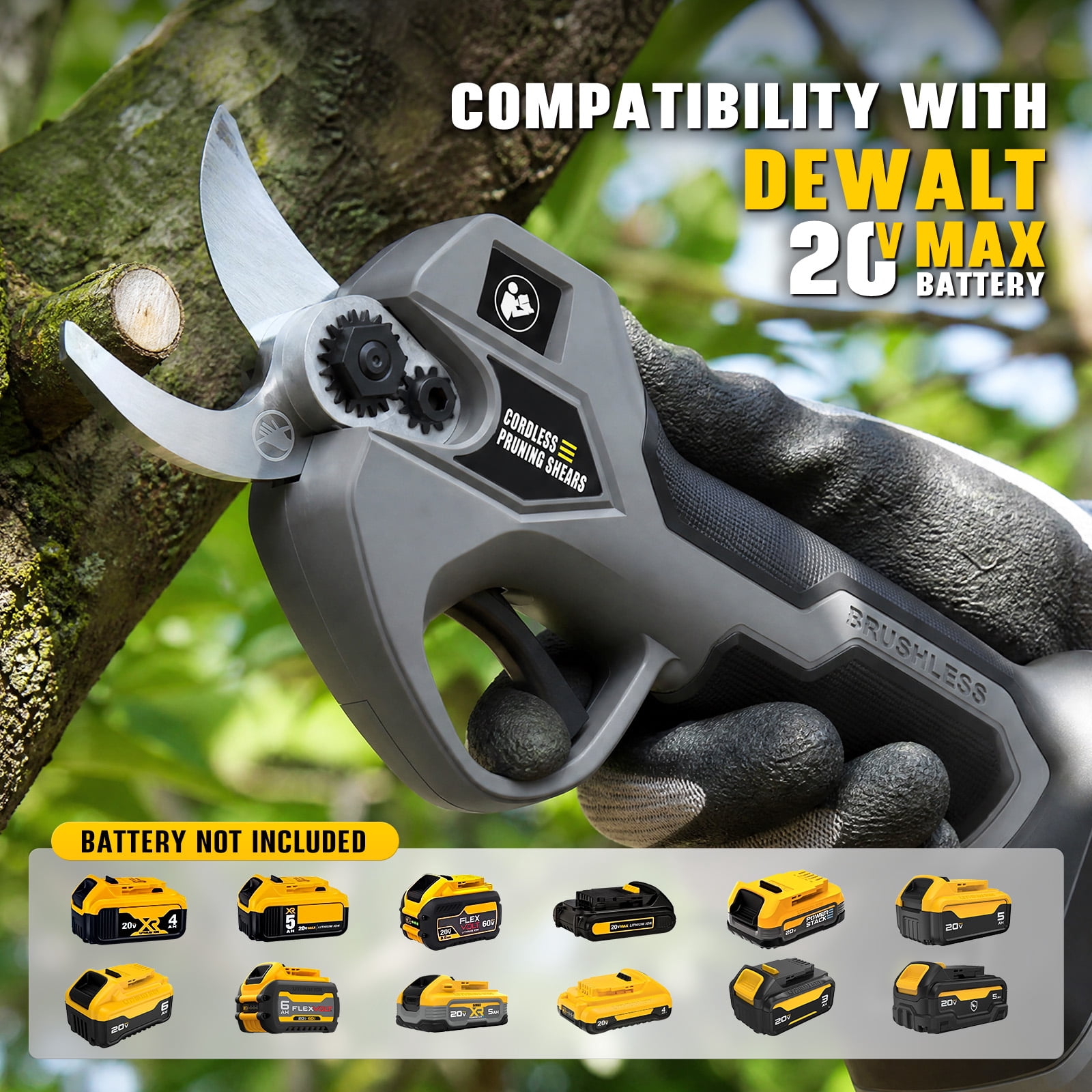 Cordless Electric Pruning Shears for DeWalt 20V Max Battery, 500W Brushless Power Pruner with 1.2 Inch Adjustable Cutting Diameter, SK5 Blade Tree Branch Cutter Trimmer for Garden (Tool Only)