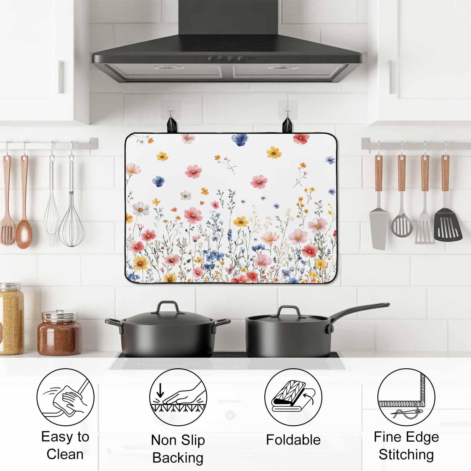 Blue Flowers Stove Top Cover for Electric Stove, Heat-proof & Non Slip Glass Top Stove Cover Protector, Pink Watercolor Botanical Garden Floral Kitchen Flat Cooktop Rubber Mat 24x21 Inches