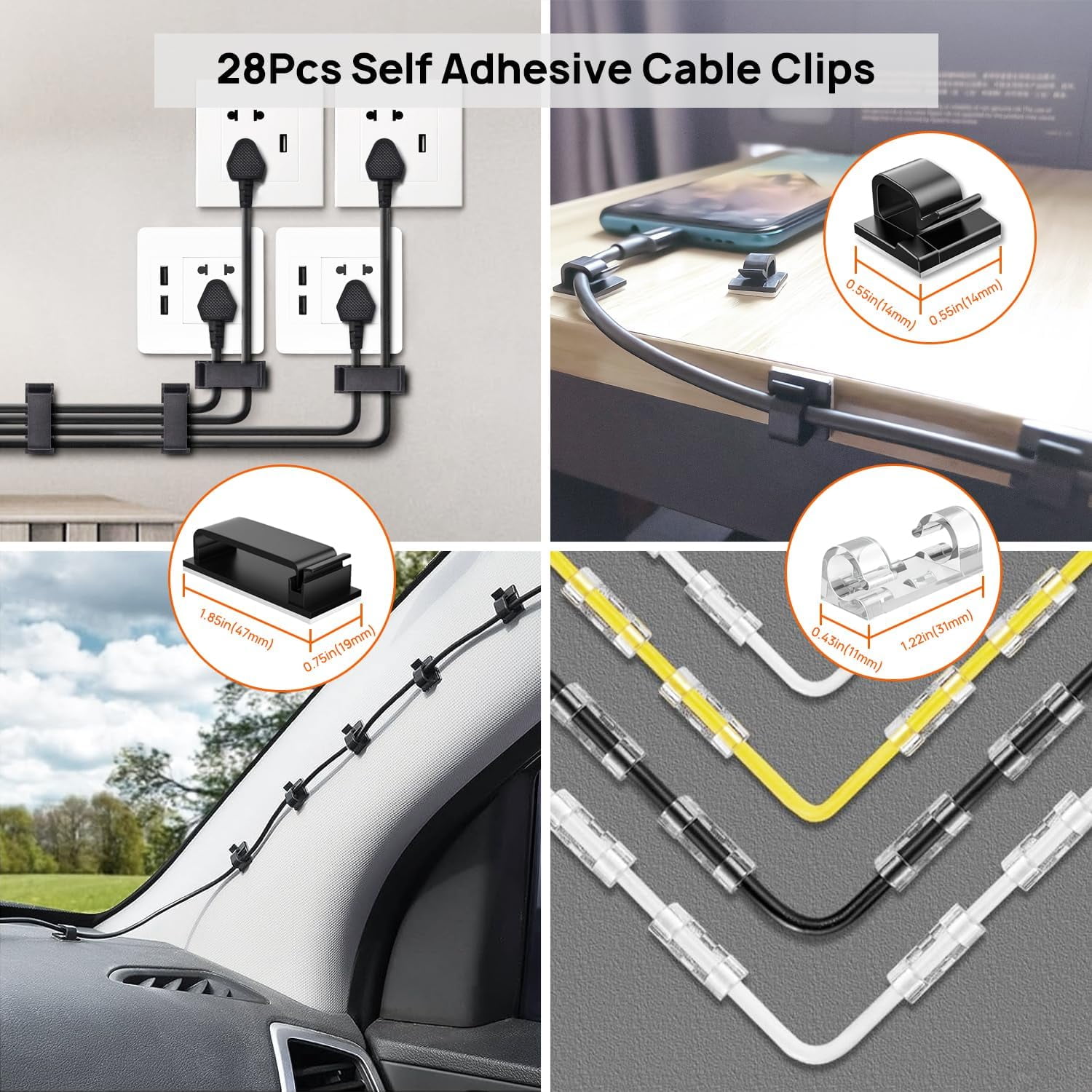 RGHJAR-Cable Management Kit - 4 Cable Sleeve, 57 Self Adhesive Cable Clips, 12 Hanging Strips, 12 Cable Organizer Straps and 100 Fastening Cable Ties for TV Computer Under Desk (Black and White)