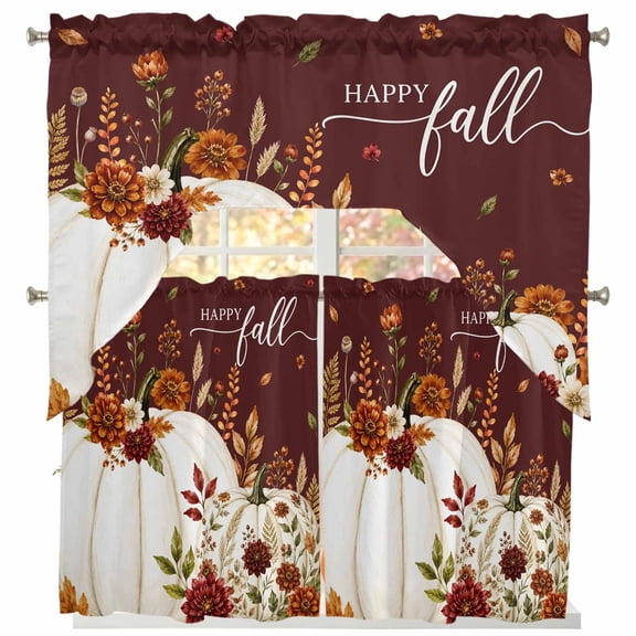 White Pumpkins Fall Swag Kitchen Curtains Sets for Windows 24 Inch Length, Thanksgiving Floral Botanical Brown Short Window Curtain Panels Swags Valances and Tiers 3 Piece Set for Cafe/Dining Room