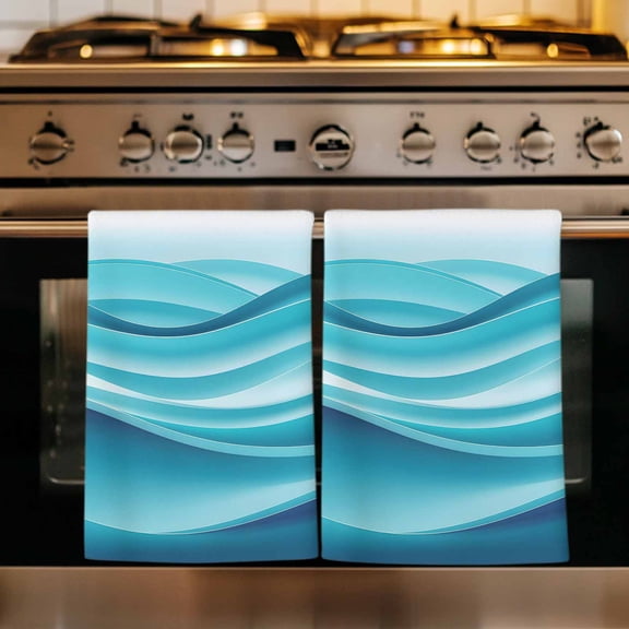 Turquoise Striped Kitchen Towels Set of 4, Modern Abstract Art Wave Moire Gradient Absorbent Dish Towels for Kitchen, Microfiber Hand Towel, Quick Drying Tea Towel for Cleaning Decorative Dishcloths