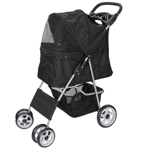 4 Wheels Pet Stroller Dog Cat Stroller for Small Medium Dog Cats Foldable Carrier Jogger Travel Puppy with Storage Basket and Cup Holder (Black)
