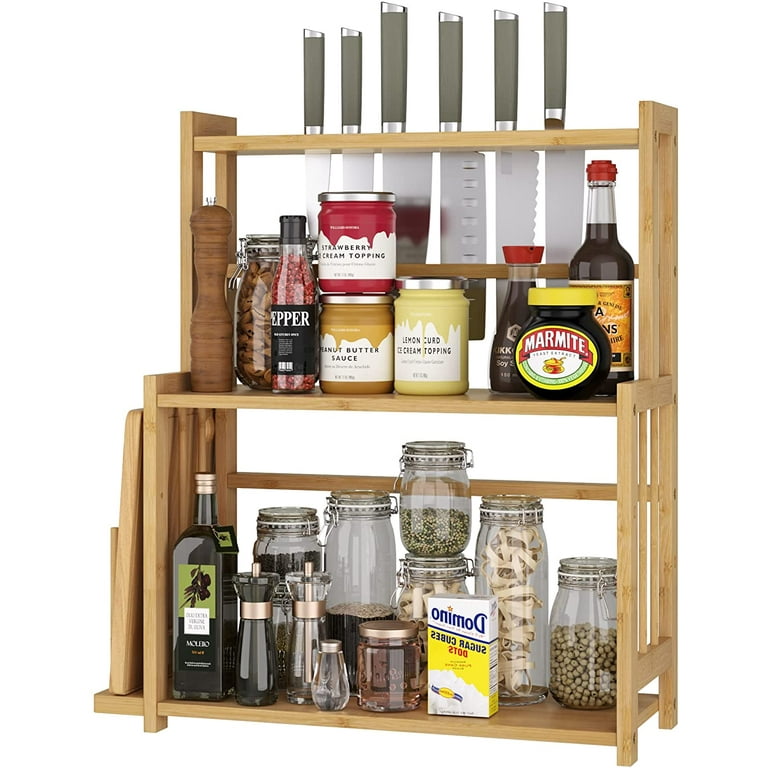 Bamboo Spice Rack Storage Shelves-3 tier Standing pantry Shelf
