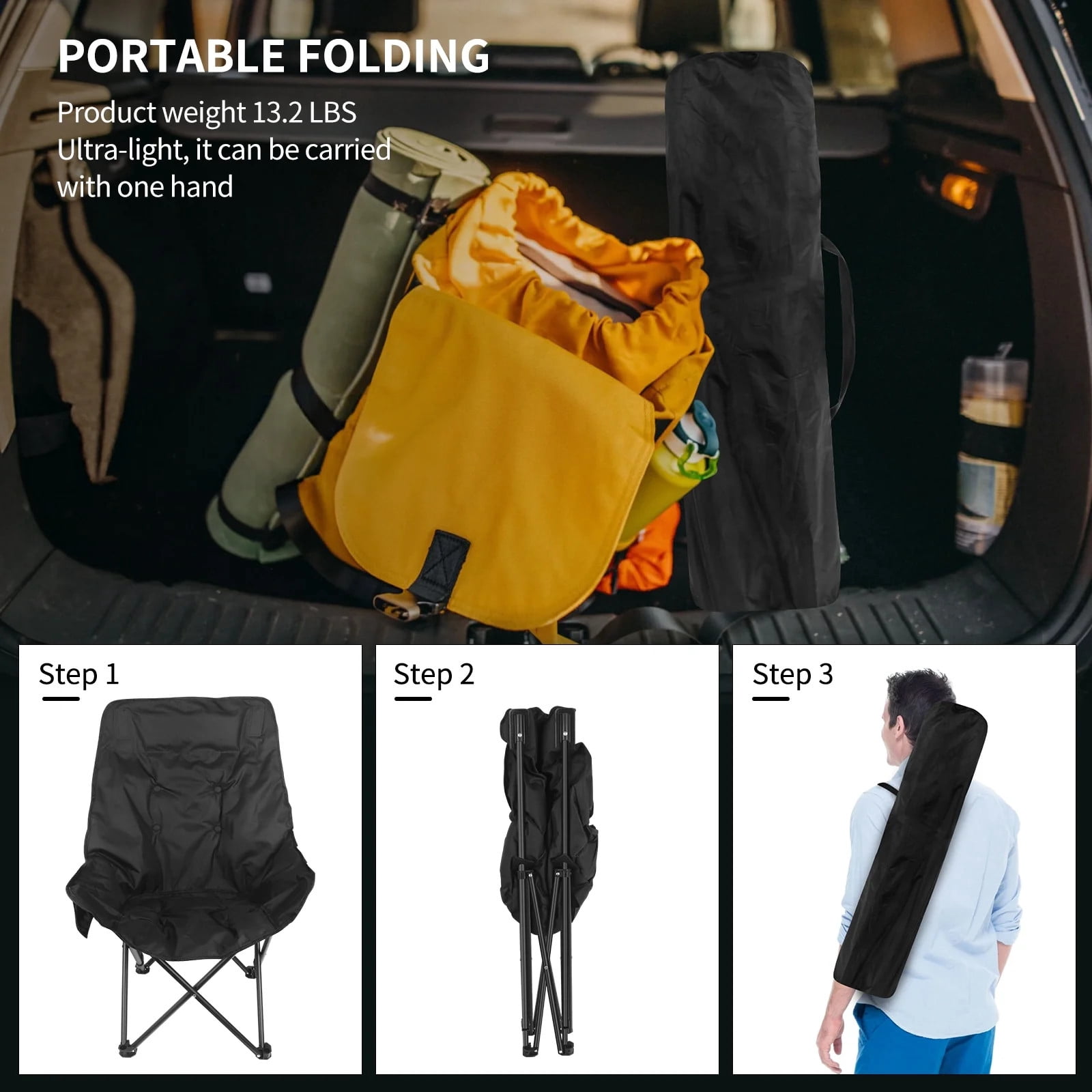 TEAFIRST Camping Chair, Oversized Comfort Padded Folding with Cup Holder, for Outdoor Camping, 300 lbs Capacity, Black