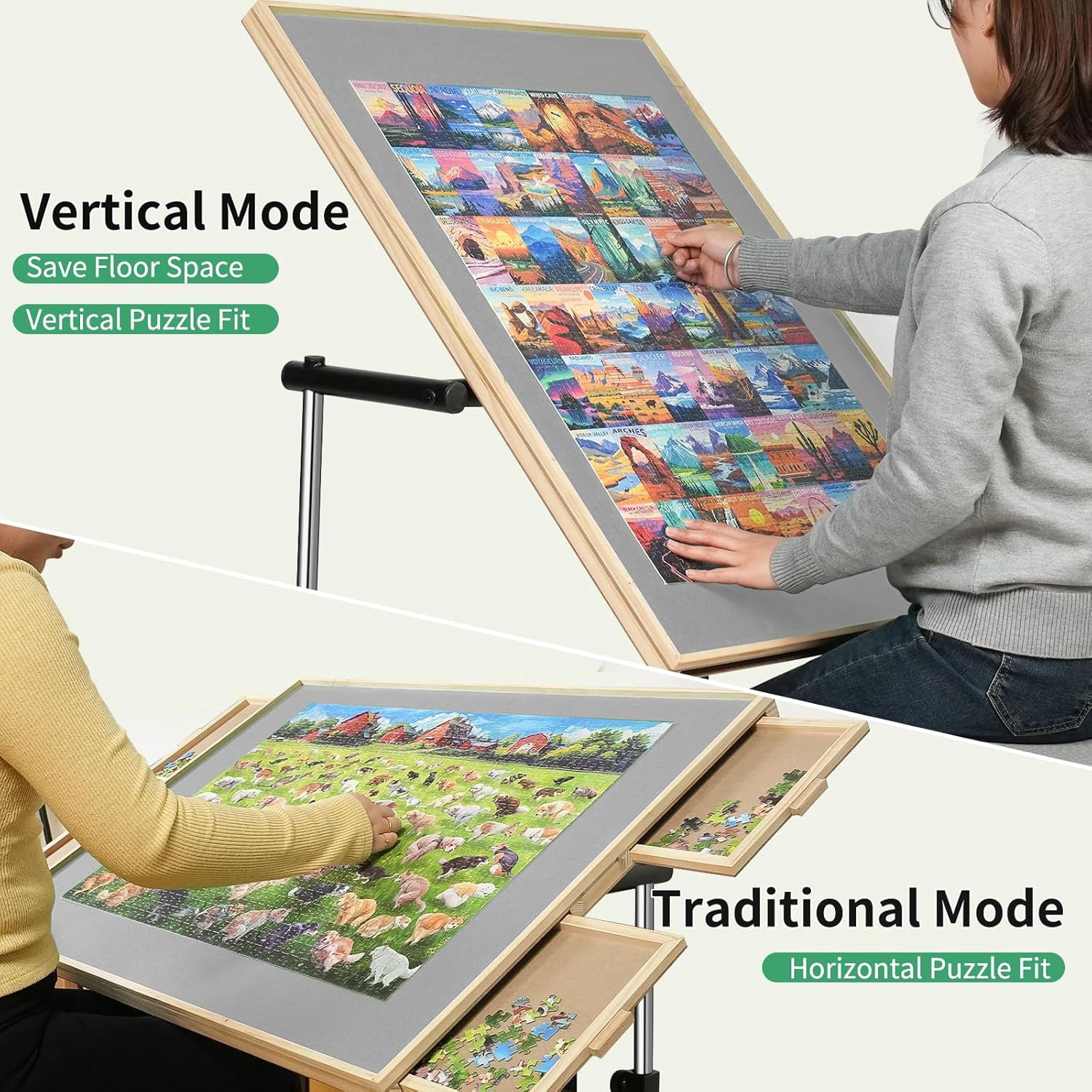 1500 Pieces Puzzle Table with Legs and Wheels, Wooden Jigsaw Puzzle Table with 4 Drawers & Cover,Upgraded Stability & Optimized Lightweight Design,Vertical Placement Option