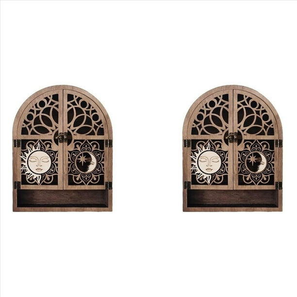 2X Soporte de Exhibición de Cristal Sun Moon, 4 Estantes, Estante de Madera Natural, Vitrina de Cristal Gótico Witchy para Sala de Estar