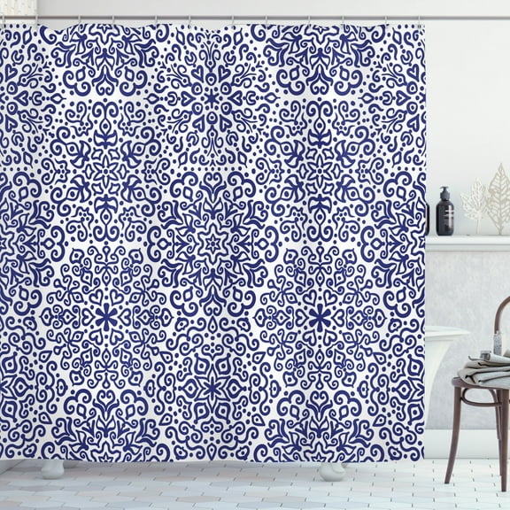 Ambesonne Russian Shower Curtain, Blooms Hearts, 69"Wx84"L, Indigo and White