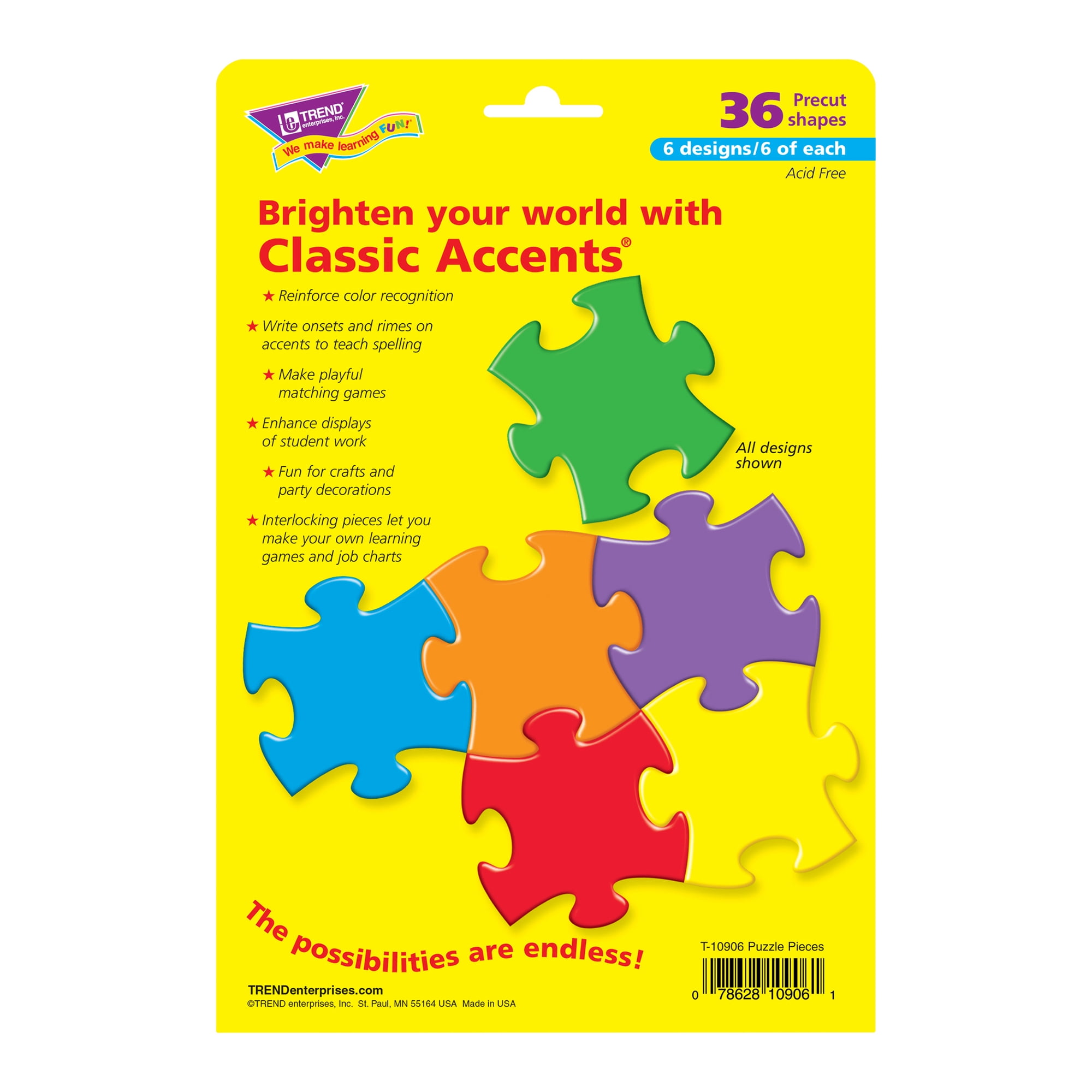TREND Puzzle Pieces Classic Accents Variety Pack, 36 Per Pack, 6 Packs