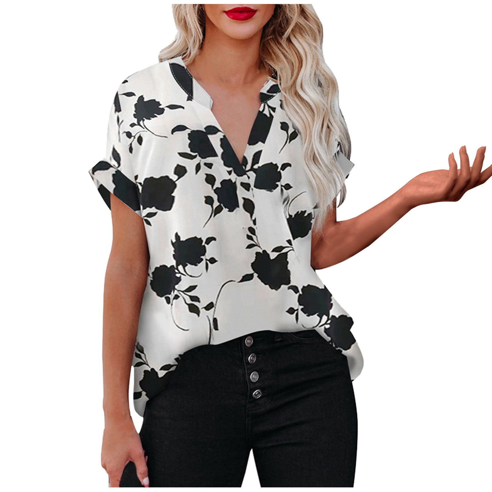 ZXHACSJ Short Sleeve Shirts For Women's Dressy Casual Plus Size Blouses  Folding Cuff V-Neck Tops White XL