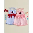 thumbnail image 3 of BemeyourBBs Toddler Baby Girls 4th of July Outfit Smocked Romper Patriot Independent Day Clothes Strap Tie-up Striped Jumpsuit USA Letters Embroidery Sleeveless Ruffled Overalls Shorts Playsuit, 3 of 9