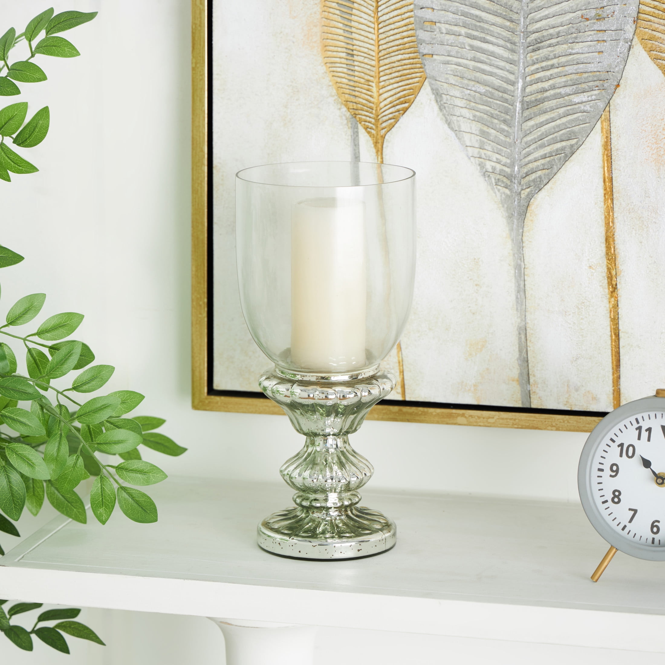 DecMode Silver Glass Handmade Turned Style Pillar Hurricane Lamp with Faux Mercury Glass Finish