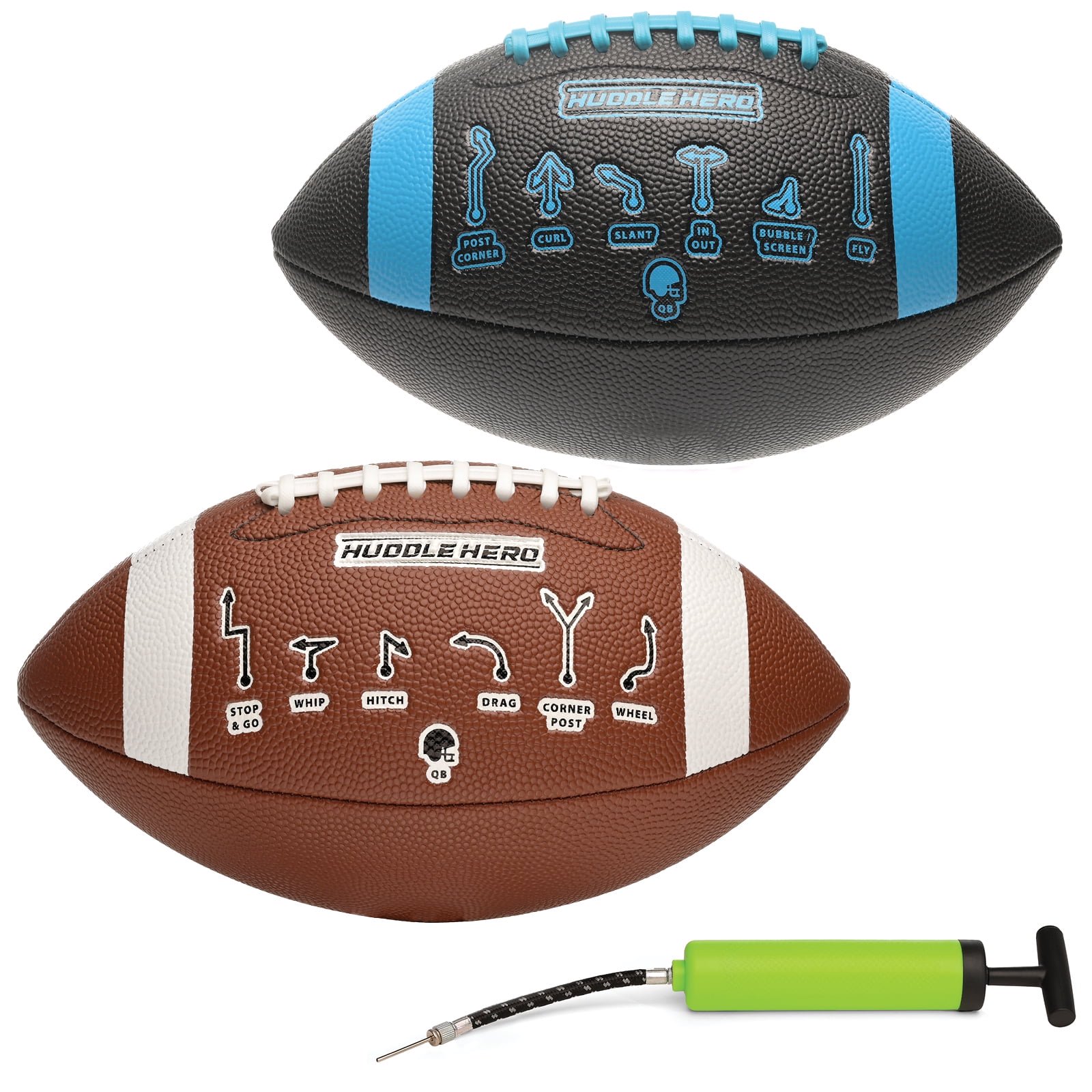 Huddle Hero Mini Football 2-Pack w/ Pump (Black/Green and Brown/White) (Black and Blue, Junior)