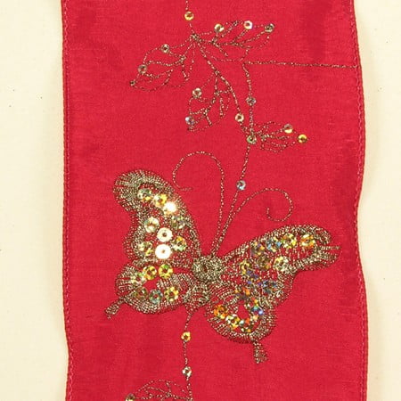 The Ribbon People Red Regal Butterfly Print Wired Craft Ribbon 4" x 10 Yards
