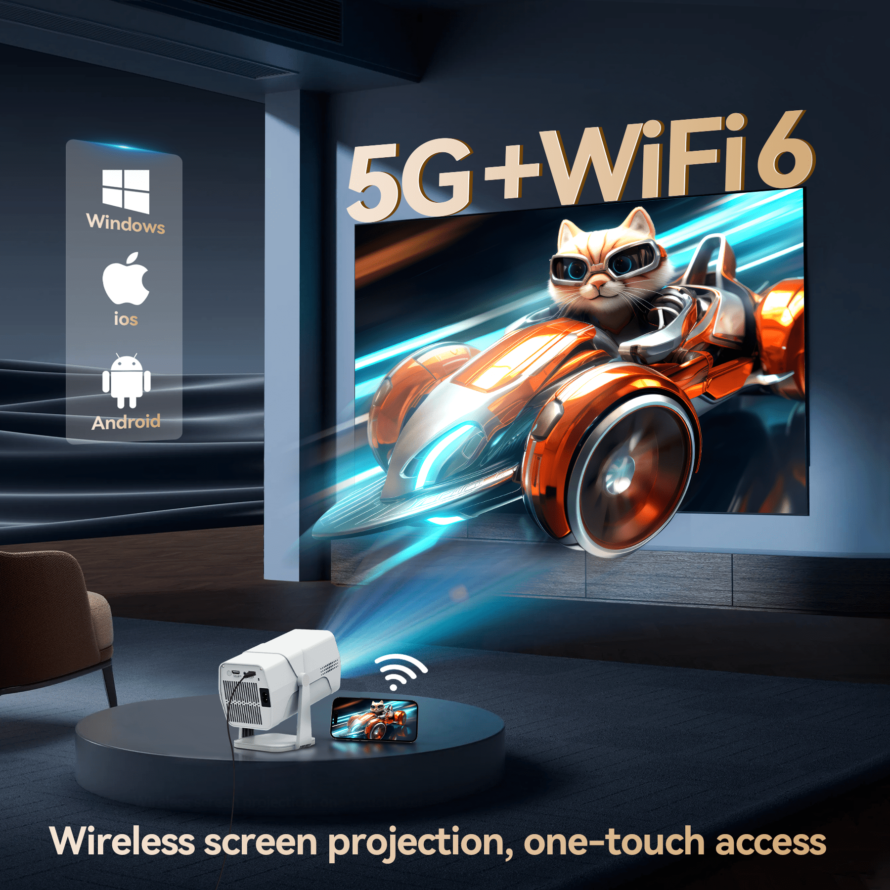 GCZ Smart Projector 4K Support, 1080P Portable Mini Projector with WiFi and Bluetooth, 180° Rotatable Outdoor Movie Projector for Home Theater/Party