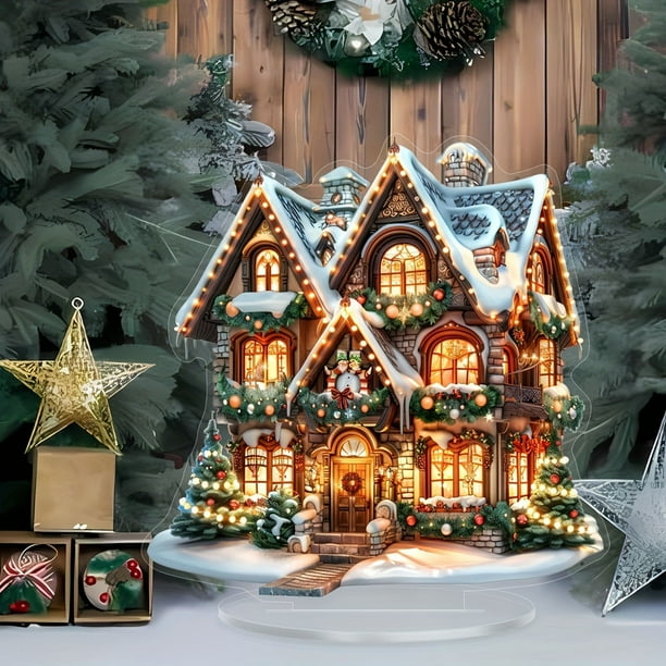 Juguetes para piscina, juguetes para bebés, juguetes para niños pequeños. Adorno navideño 2D de casa, cabaña navideña acrílica con forma especial, decoración artística con base para mesa, decoración d