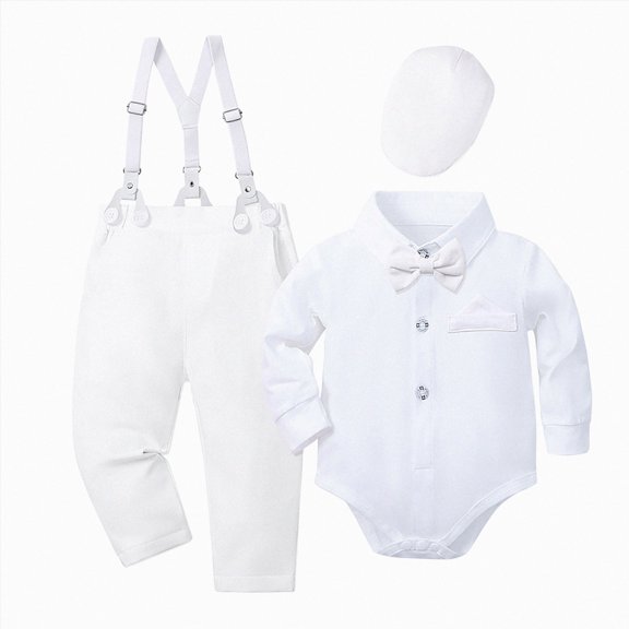 newwalpole Baby Boy Suit 0-24M Gentleman Outfit Clothes Set Infant Long Sleeve Dress Shirt Suspender Pants Bowtie Beret Hat(White, 3-6 Months)