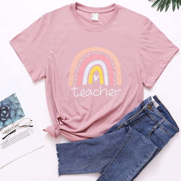 ICHUANYI Clearance Women's Casual Teacher's Day Short Sleeve Letter Printed T Shirts Blouse Tops(Pink, M) ICHUANYI WER2023081405098