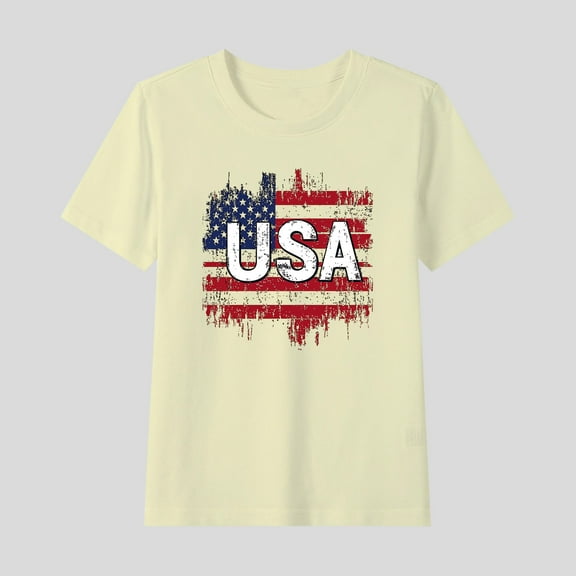 Girls Boys New Independence Day New Top American Flag Patriotic T-Shirt Casual Short Sleeve Round Neck Cotton Tops Beige 2-3 Years