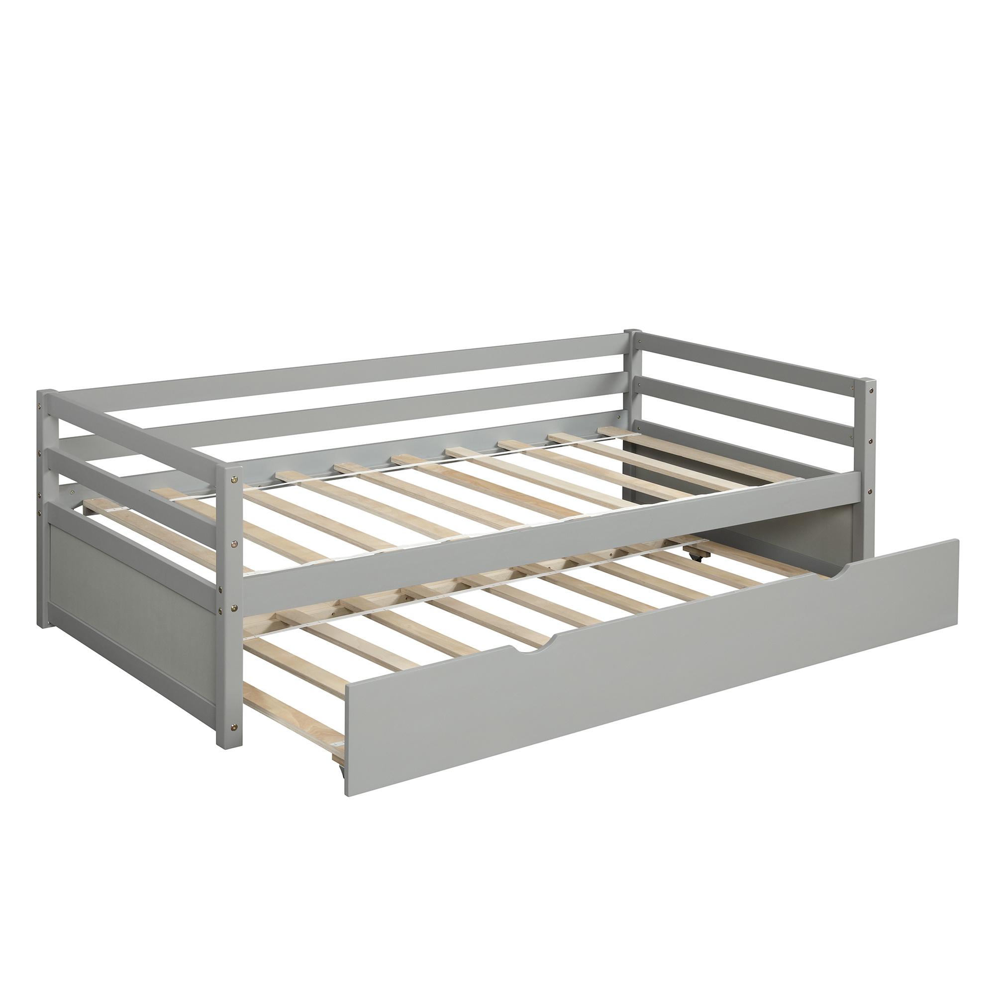 ARCTICSCORPION Twin Size Daybed with Pull Out Trundle,Wood Bed Frame with Backboard, Pull-out Combination Bed with Casters with Wooden Slat Support for Kids Room, No Box Spring Needed, Gray Finish - image 3 of 7