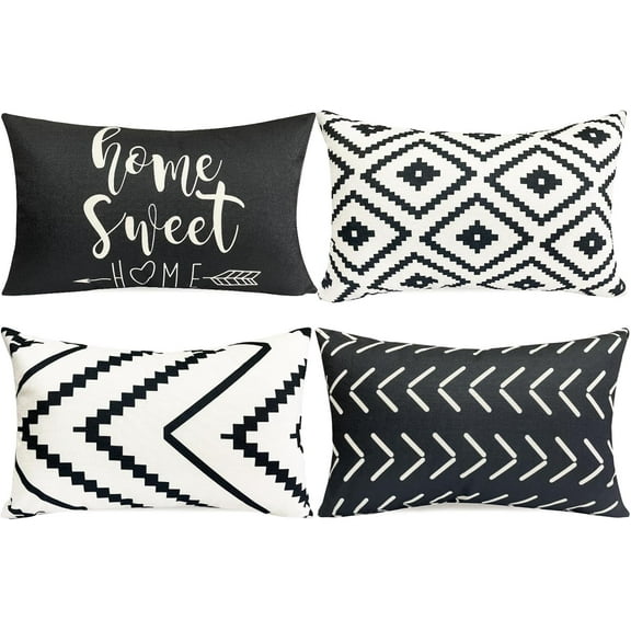 Decorative Throw Pillow Covers Set of 4 Black White Pillow Covers 12x20 inch Throw Pillow Cases Linen Square Pillow Case,Farmhouse Outdoor Geometric Pillow Covers for Couch Sofa Living Room