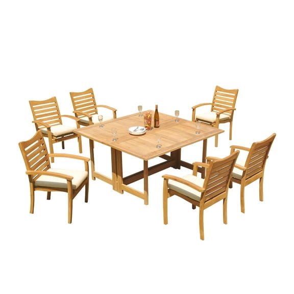 Grade-A Teak Dining Set: 6 Seater 7 Pc: 60" Square Rectangle Butterfly Table And 6 Aspen Stacking Arm Chairs Outdoor Patio WholesaleTeak #51AP1407