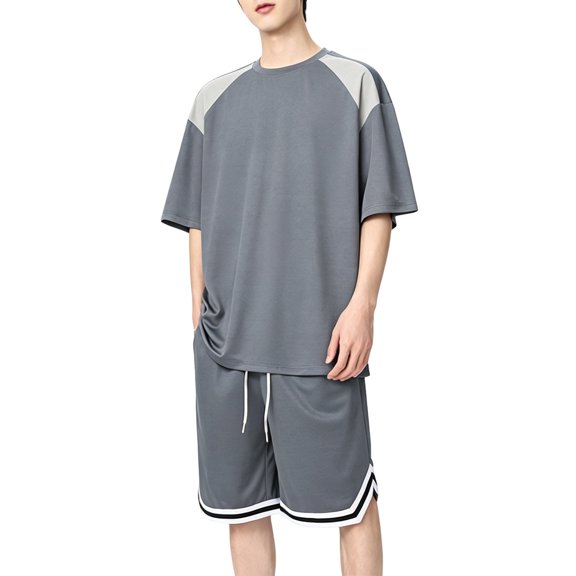 Eryao Big and Tall Mens Workout Outfits Set 2 Piece Crewneck Short Sleeve Tops Matching Drawstring Shorts with Pockets Summer Beach Lounge Sets,Dark Gray,XXXL