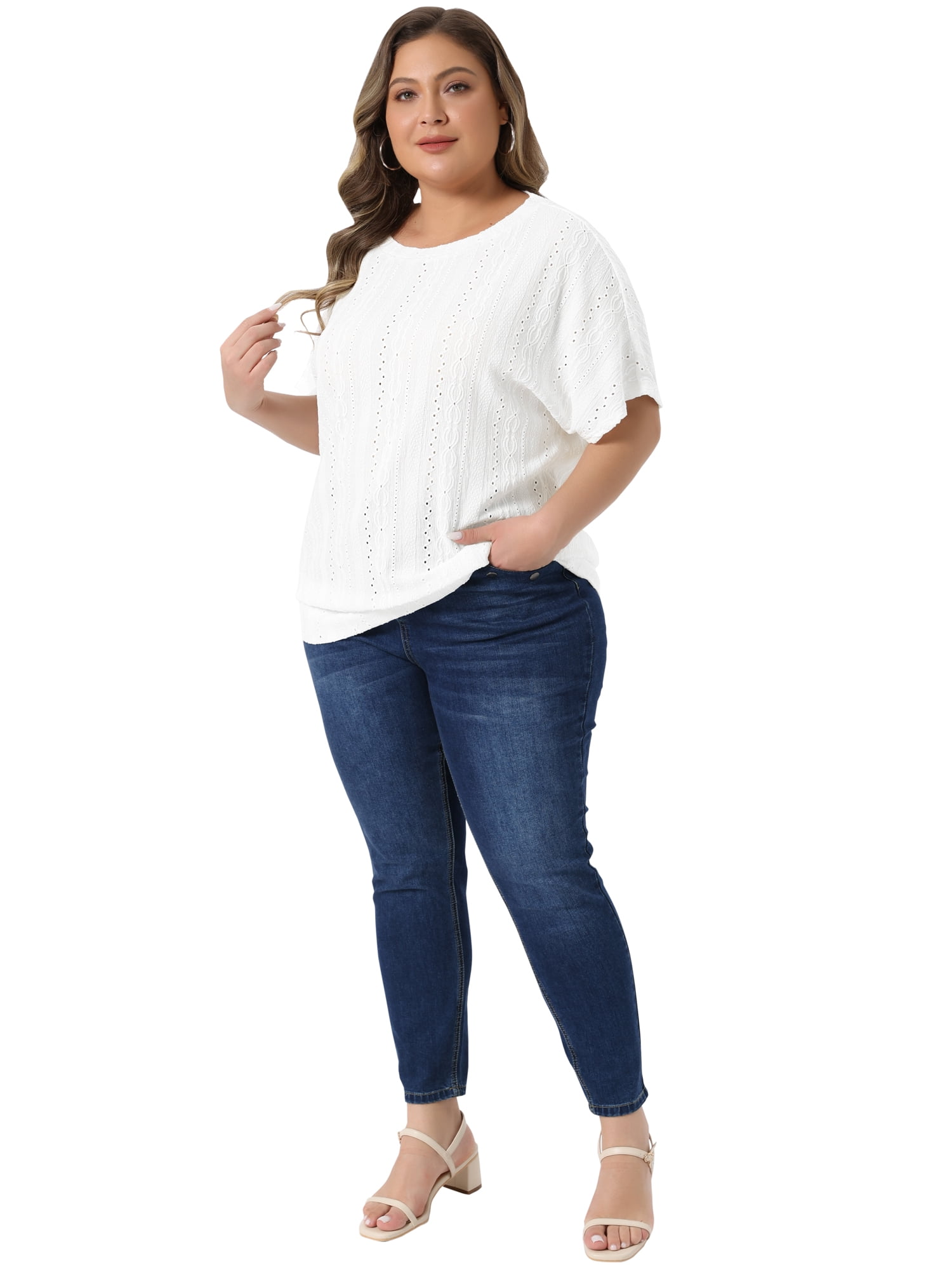 DARING DIVA Women's Plus Crew Neck Hollow Short Sleeve T Shirt 1X White