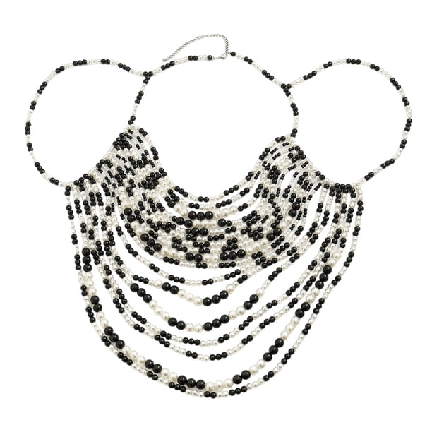 Cadena corporal con cuentas, joyería sin espalda, tamaño ajustable, accesorios corporales de moda Negro Blanco