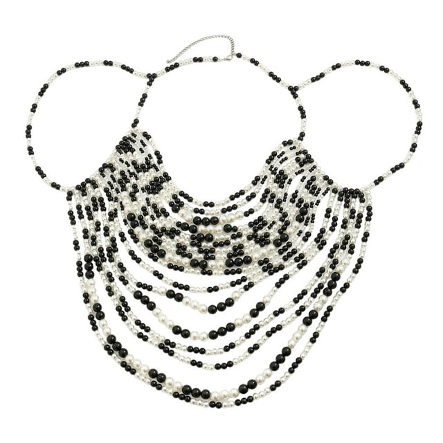 Cadena corporal con cuentas, joyería de tamaño ajustable, joyería corporal moderna, atuendo sin mangas Negro Blanco