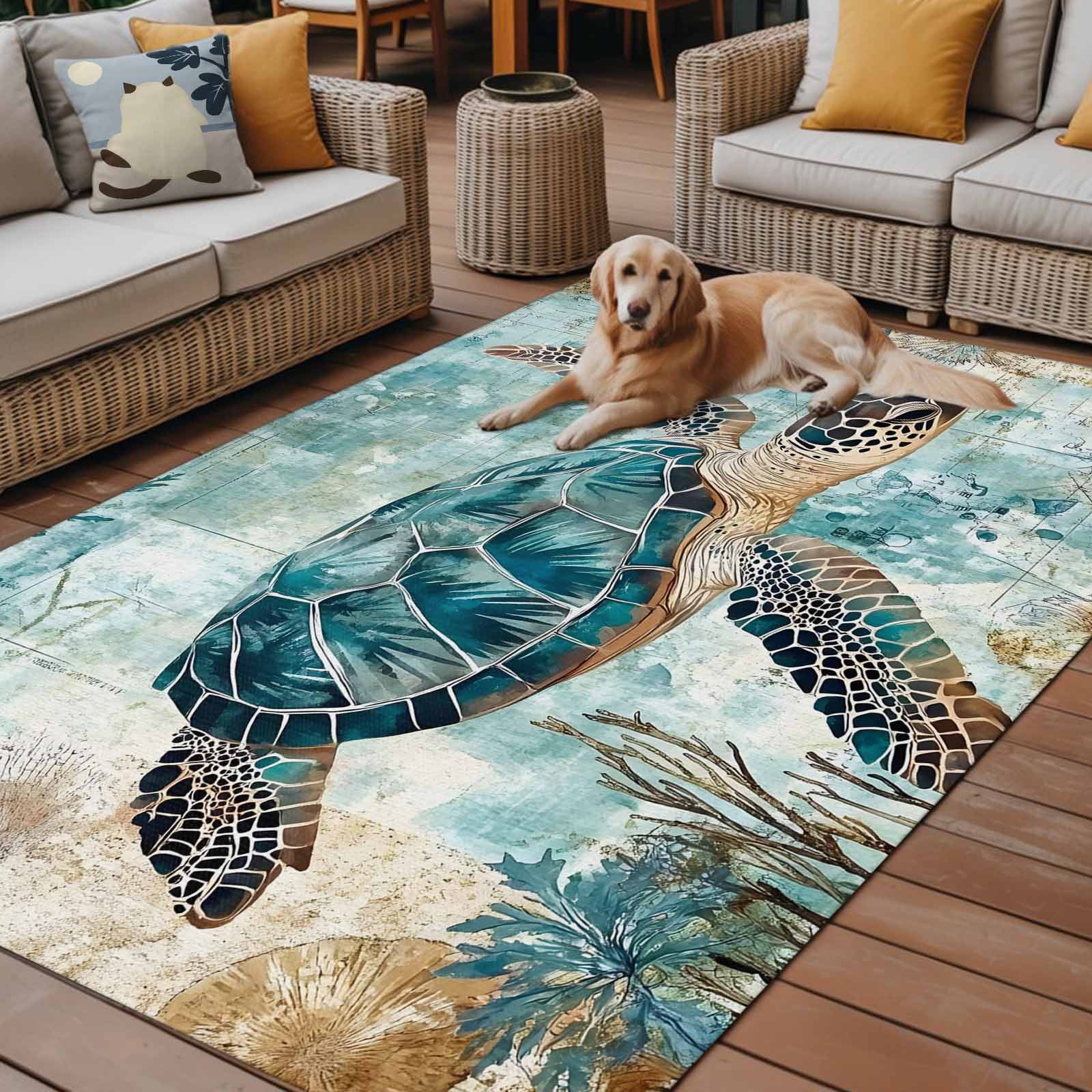 Fsddascl Teal Coastal Turtle Outdoor Rug for Patio/Deck/Porch, Non-Slip Large Area Rug 4 x 6 Ft, Vintage Watercolor Marine Life Indoor Outdoor Rugs Washable Area Rugs, Reversible Camping Rug Carpet