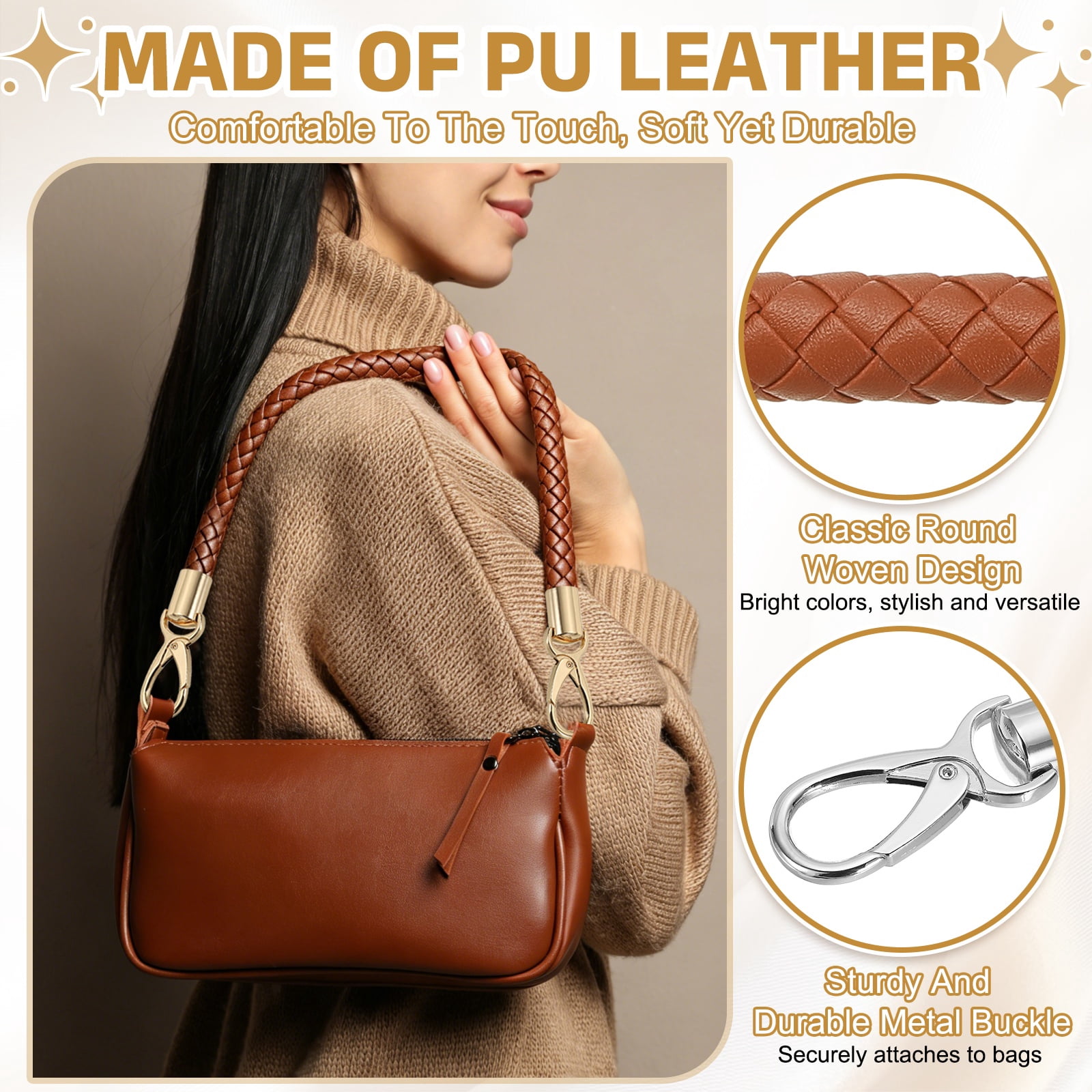 Uxcell 2 Pcs Braided Purse Strap, 65cm 25.6" PU Leather Shoulder Purse Strap for Handbag Bag Handle Replacement for DIY Making Handbag Underarm Bag, Yellow Brown (Silver Buckle)