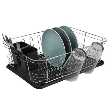 Plate Storage Rack - Home Basics 3-piece Chrome Plated Steel and Plastic Dish Rack, Black