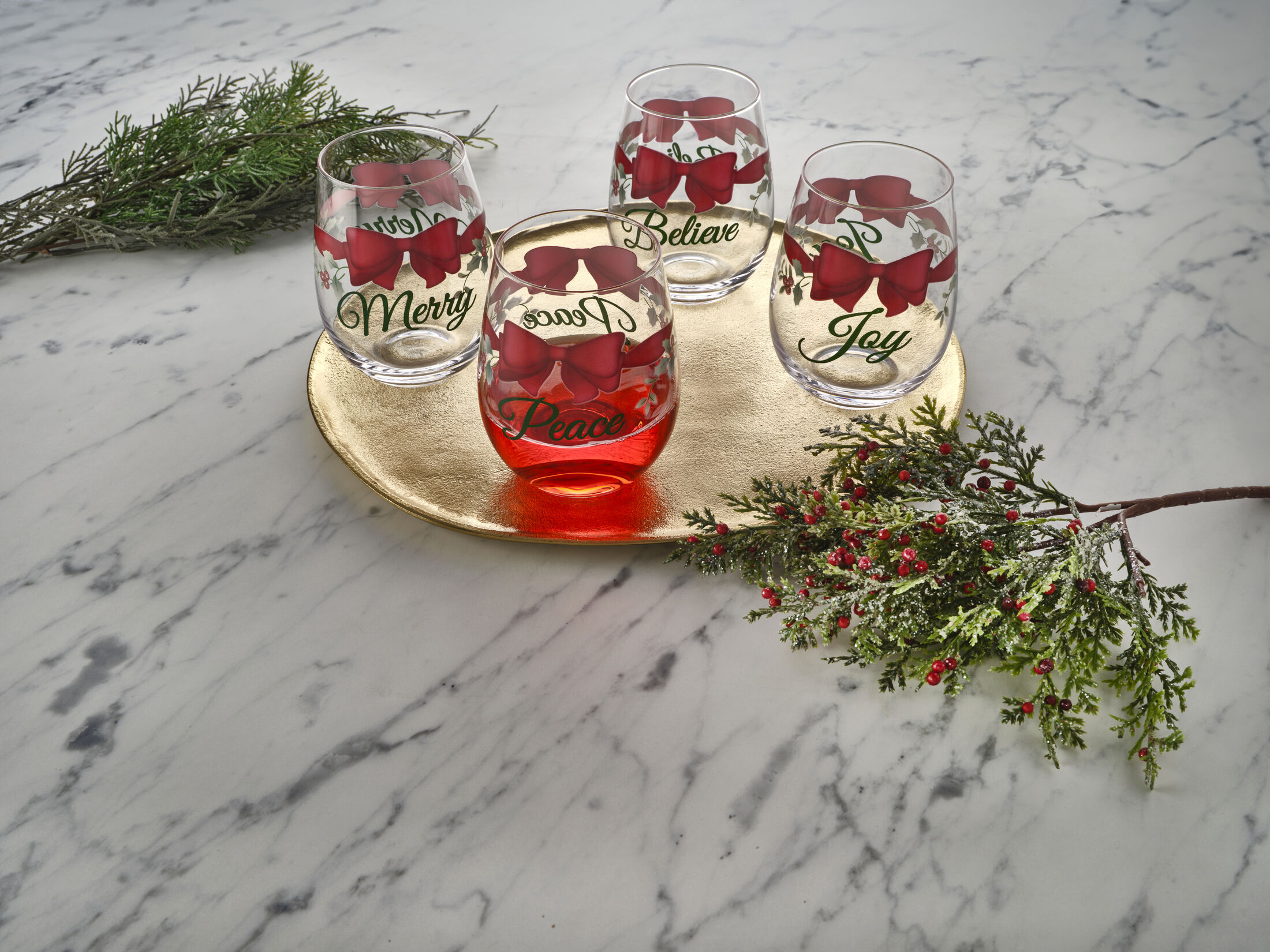 Pfaltzgraff Winterberry 19.3 oz Stemless Wine Red Ribbon Set of 4