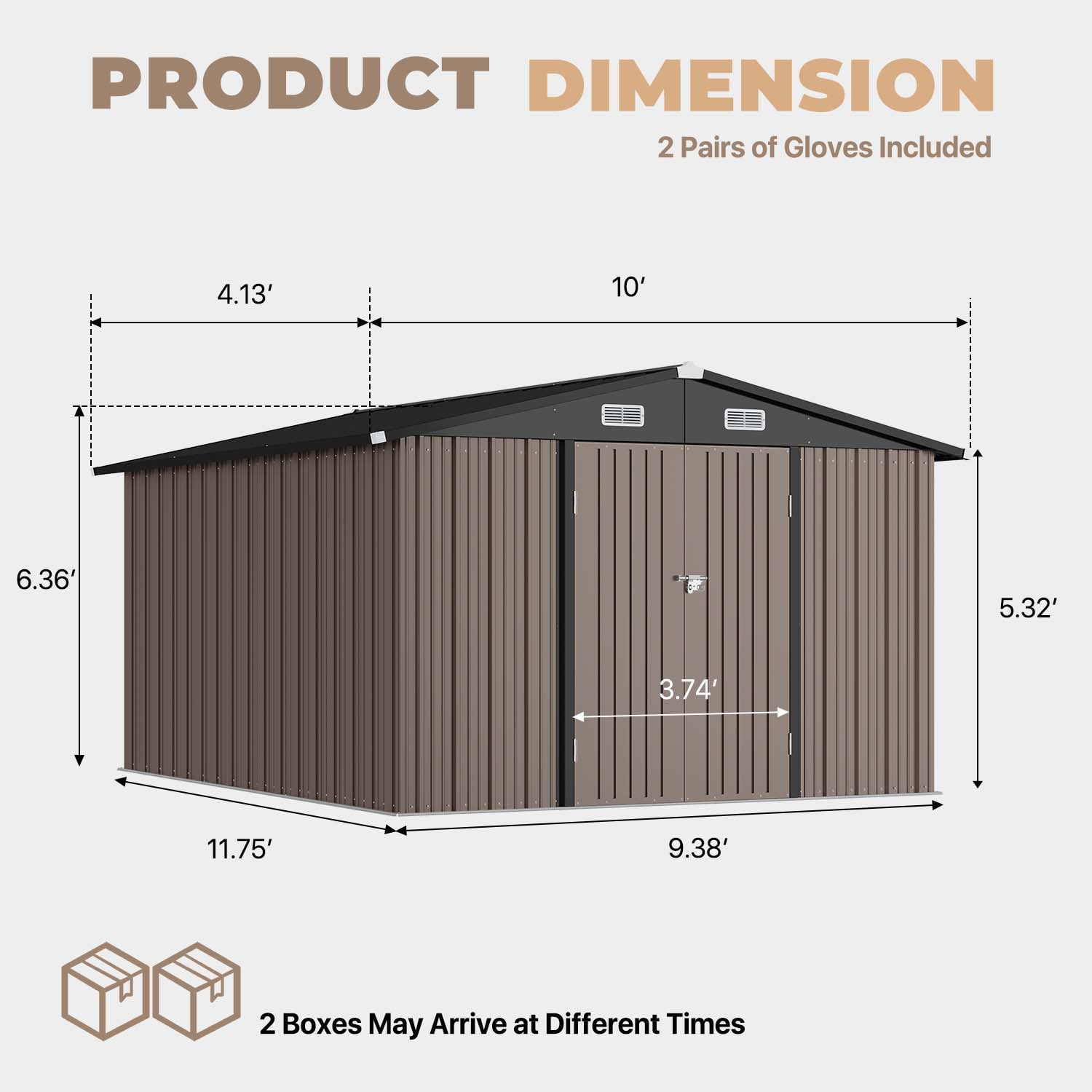 BaPiPro 10x12 ft Metal Storage Shed with Double Lockable Doors, Outdoor Storage Garden Tool Shed Bicycle Shed for Patio Backyard, Brown