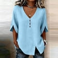 thumbnail image 2 of KyCheLot V Neck Tops for Women Short Sleeve Flare Sleeve Slit Hem Solid Color Tops Comfy Casual Summer Clothes, 2 of 7