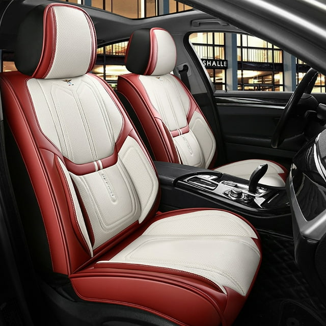 Maidao Car Seat Covers Leather Full Set for Mercedes-Benz for S420 1983-Present 5 Seats Leather Compatible Airbag Water Resistant Front Rear Cushion Protector White and Wine Red