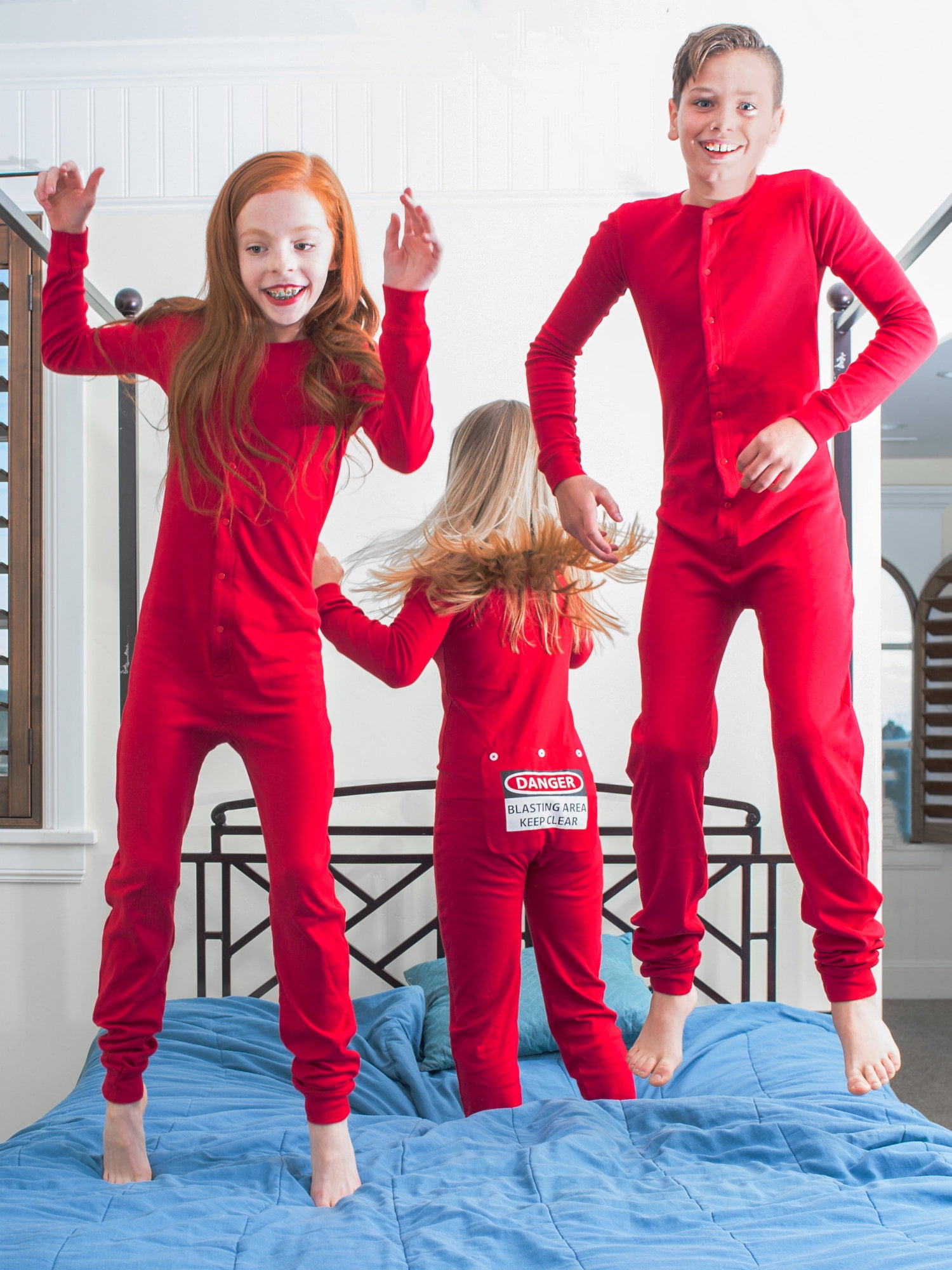 Red Union Suit Kids Pajamas DANGER BLAST AREA Sign on Rear Flap