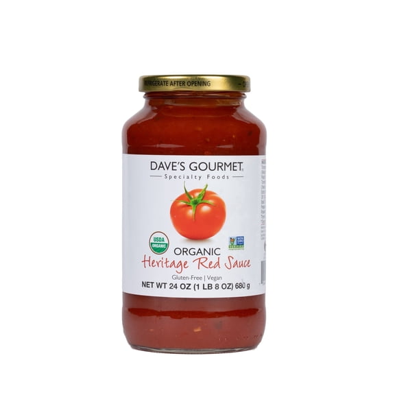 Dave’s Gourmet Organic Heritage Red Tomato Pasta Sauce, Classic Marinara Flavor for Spaghetti Dishes, Shelf-Stable, Gluten-Free, Vegan, 24oz Jar