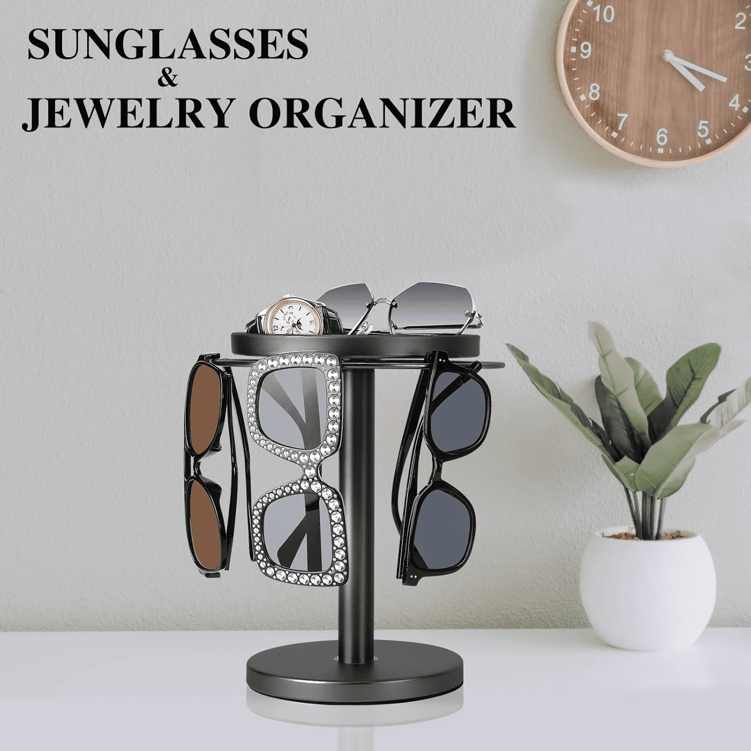 360° Rotating Sunglass Organizer Storage - Metal Glasses Holder Stand with Tray for Desk, Dresser, Tabletop, Nightstand & Home Decor Accessories C