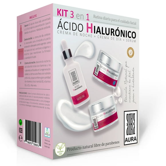 kit 3 en 1 acido hialuronico crema noche  crema dia  serum natural skincare aura acido hialuronico