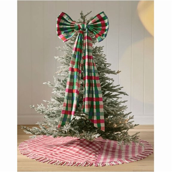 Willow Plaid Bow Tree Topper - Oversized Multi‑Color Checkered Tree Topper Bow, Soft Woven Fabric Bow with Long Tails for Christmas Home Decor