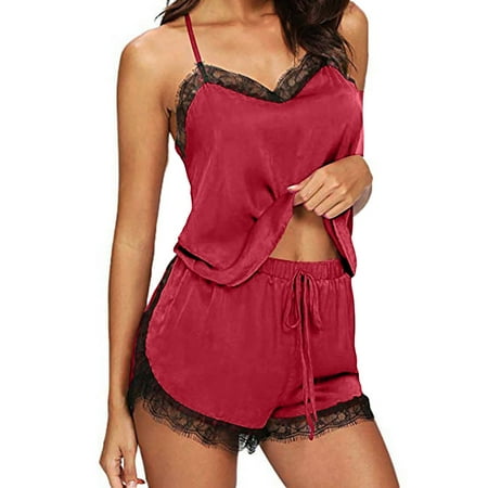 gakvbuo Satin Silk Pajamas Camisole Shorts Set for Women Sleepwear Sexy Lingerie Sets V Neck 2 Piece Pjs Set Pajamas Loungewear Set Vest Cami Top Shorts Set Babydoll Lace Up Nightwear Gift