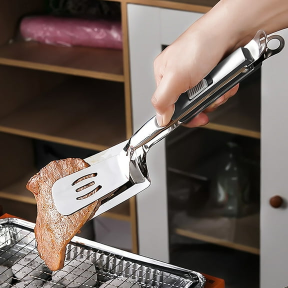2 in 1 Spatula Tongs, Fish Turner Spatula Double Sided, Stainless Steel Grill Clamp, Slotted Flipper Tongs for Steak, Egg, Pancake, Tortilla, Burger, Bacon, 11.4 Inch