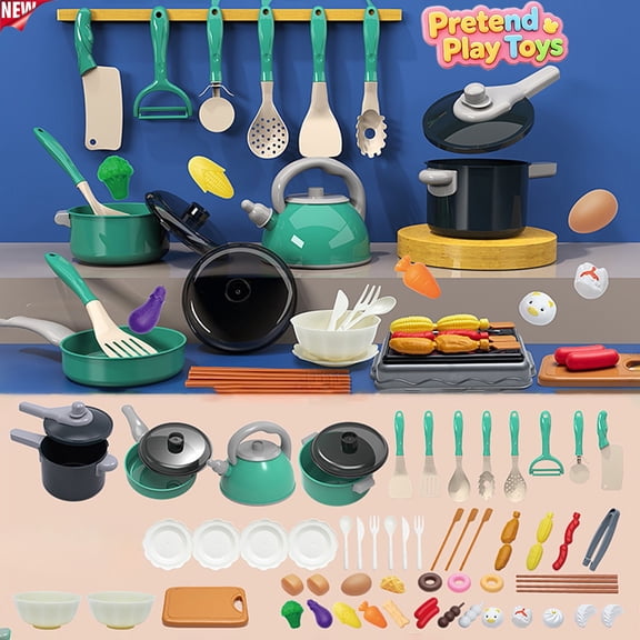 Qocolcyl 61 Pcs Green Pretend Play Kitchen Cookware Toy Set, Kids Toddler Pots Kettle Pans Utensils Fake Food Grill Playset,Learning Toys, Imaginative Little Chef Role Play Kit for Boys Girls Ages 3 