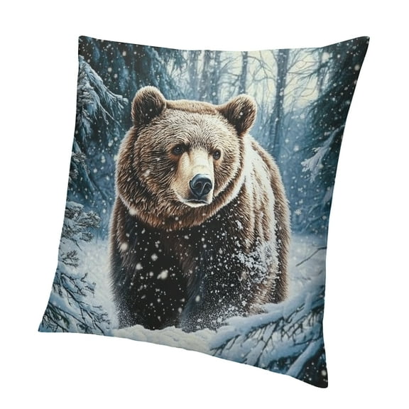 Patifu Brown Bear Kids  Pillow Cover, Wild Animal Throw Pillow Cover for Kids Girls Boys, Woodland Wildlife Soft Cushion Cover for Sofa, Snowflakes Pine Trees Winter Decorative Pillow Cover 12x12in