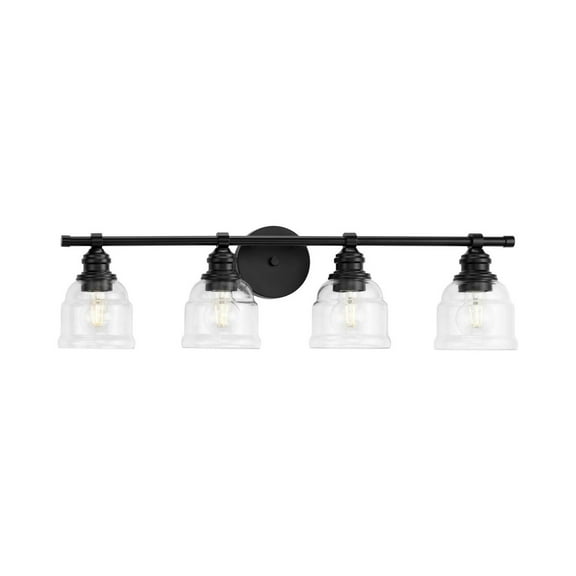 Ambrose Collection Four-Light Farmhouse Matte Black Clear Glass Bath Vanity Light