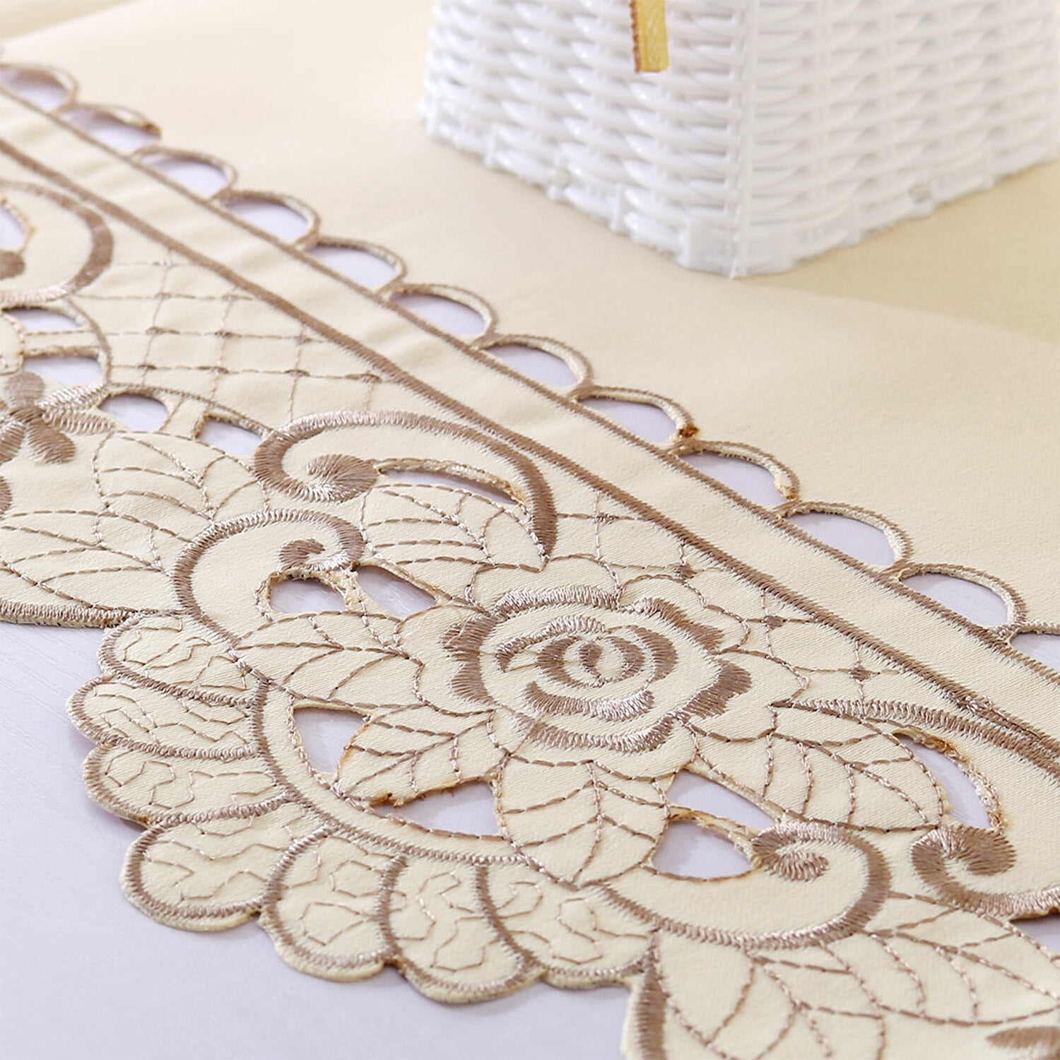 Unique Bargains Vintage Flower Embroidery Tassel Table Runner Light Beige 16"x59"