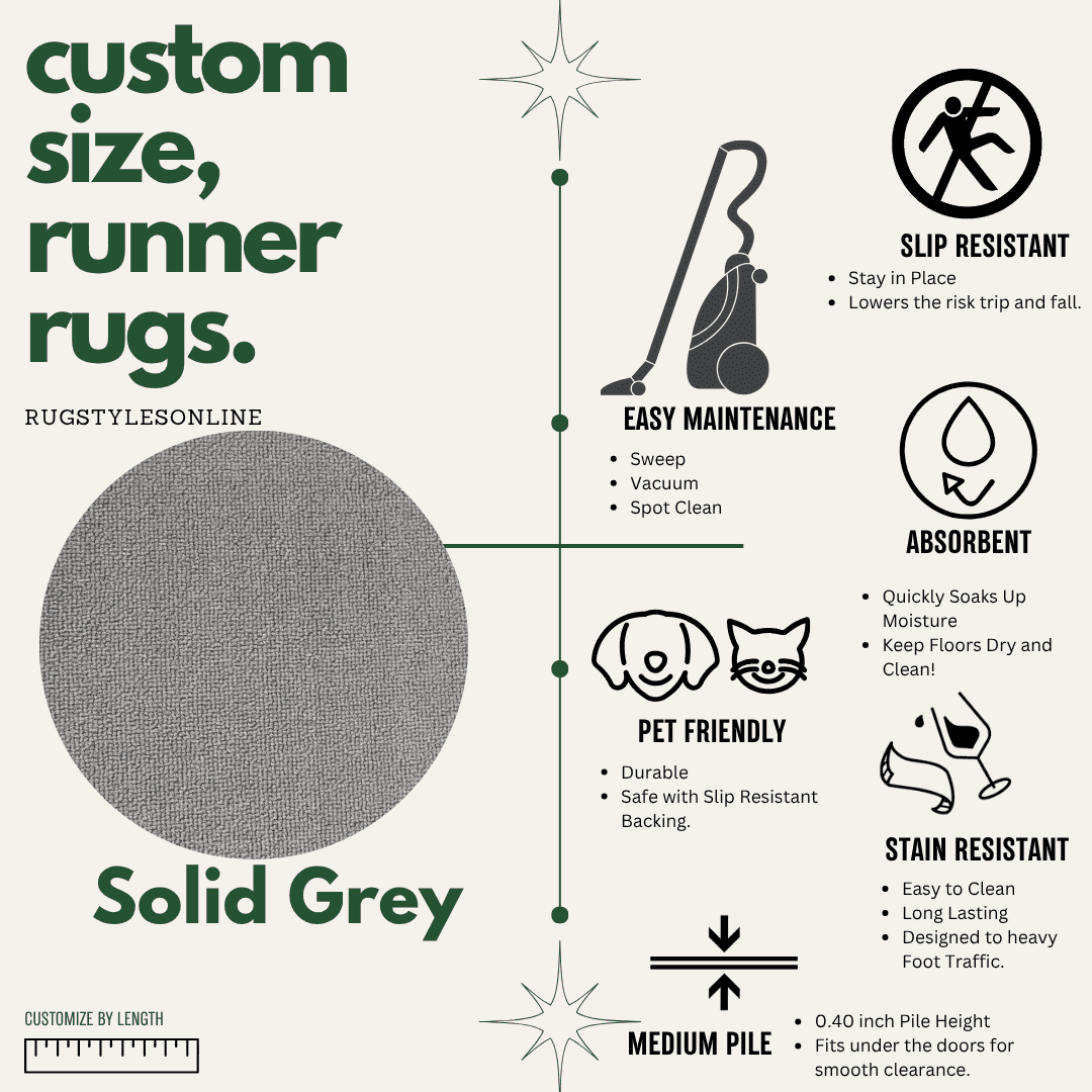 Custom Size Runner Rug Skid Resistant Backing Rug Runner Solid Grey Color Cut to Size Roll Runner Rugs (33 Feet x 32 Inch)