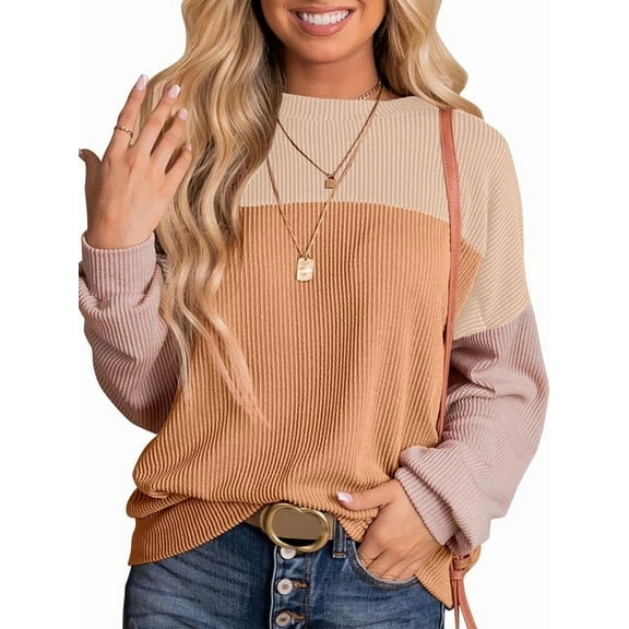 Womens Fashion Color Block Long Sleeve Crewneck Knitted Casual Loose Pullover Shirts Tops Light Khaki L