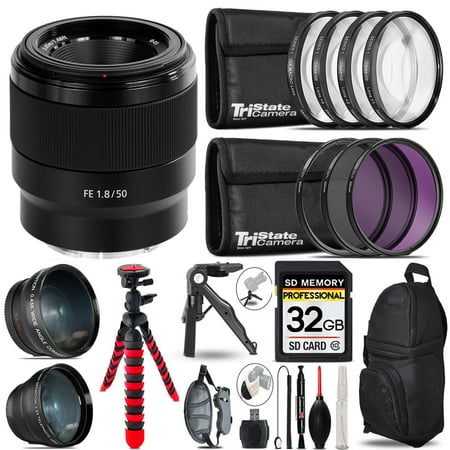 Sony FE 50mm f/1.8 Lens- 3 Lens Kit + Tripod + Backpack - 32GB Accessory Bundle